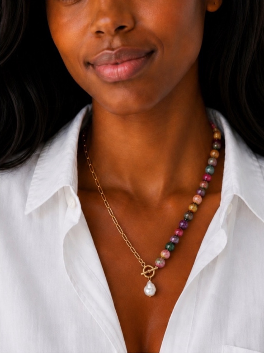 New! Colorful Beaded Paperclip Chain Pearl Dopamine Necklace NWOT4009
